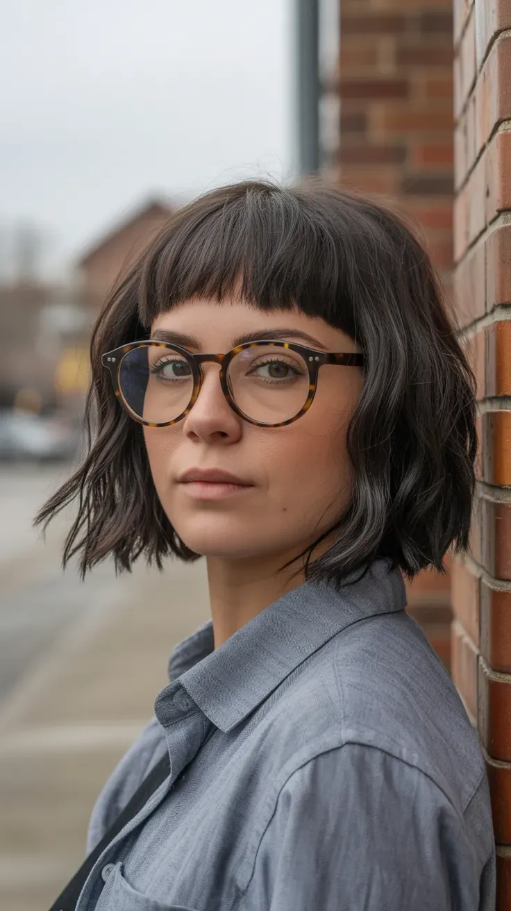 Woman with a medium-length textured crop featuring piecey layered ends