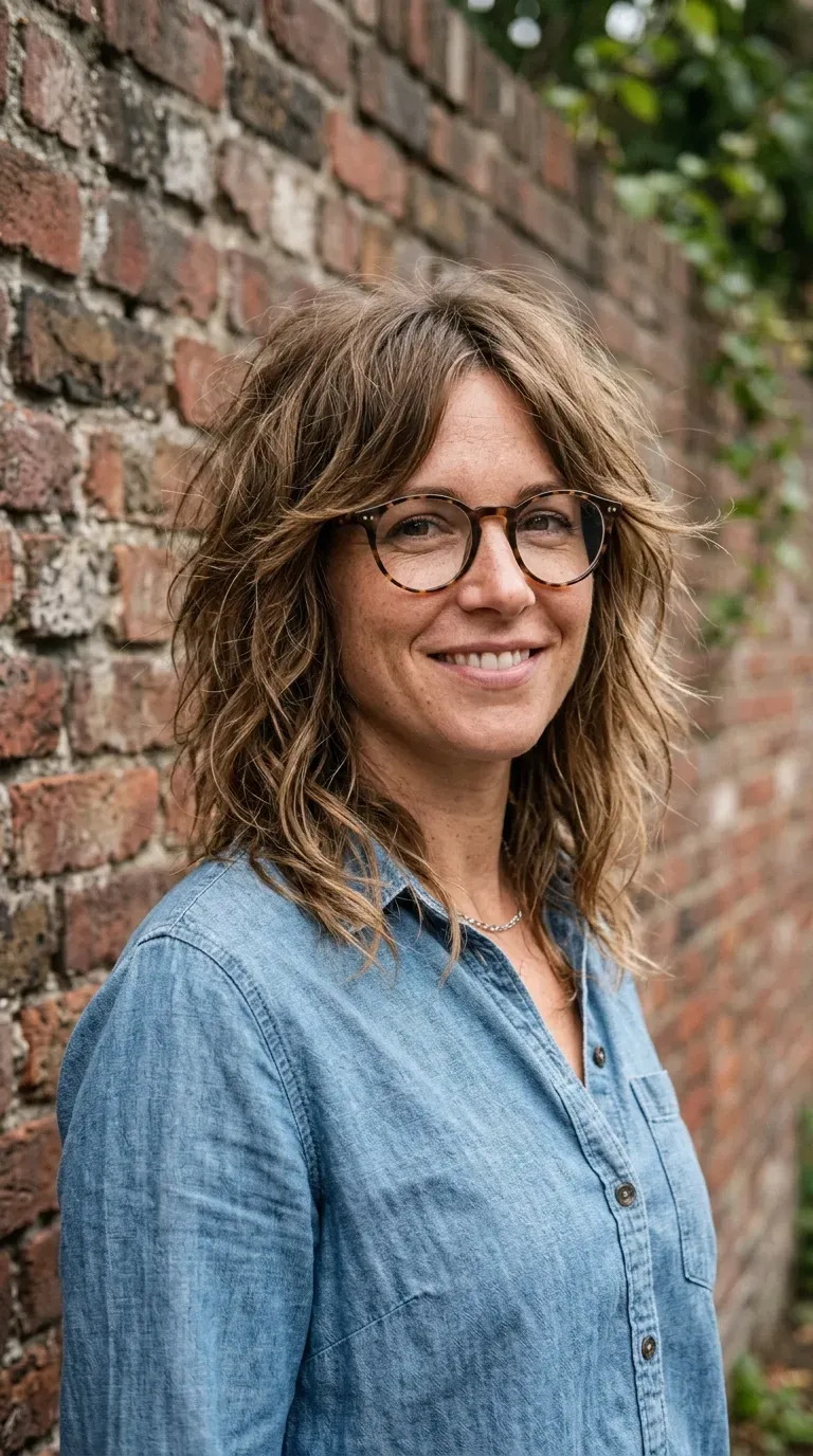 Woman with a textured medium-length layered cut featuring piecey ends