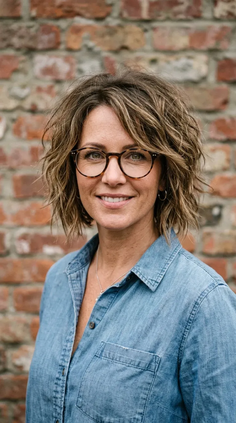 Woman with an especially textured messy bob featuring piecey layered ends