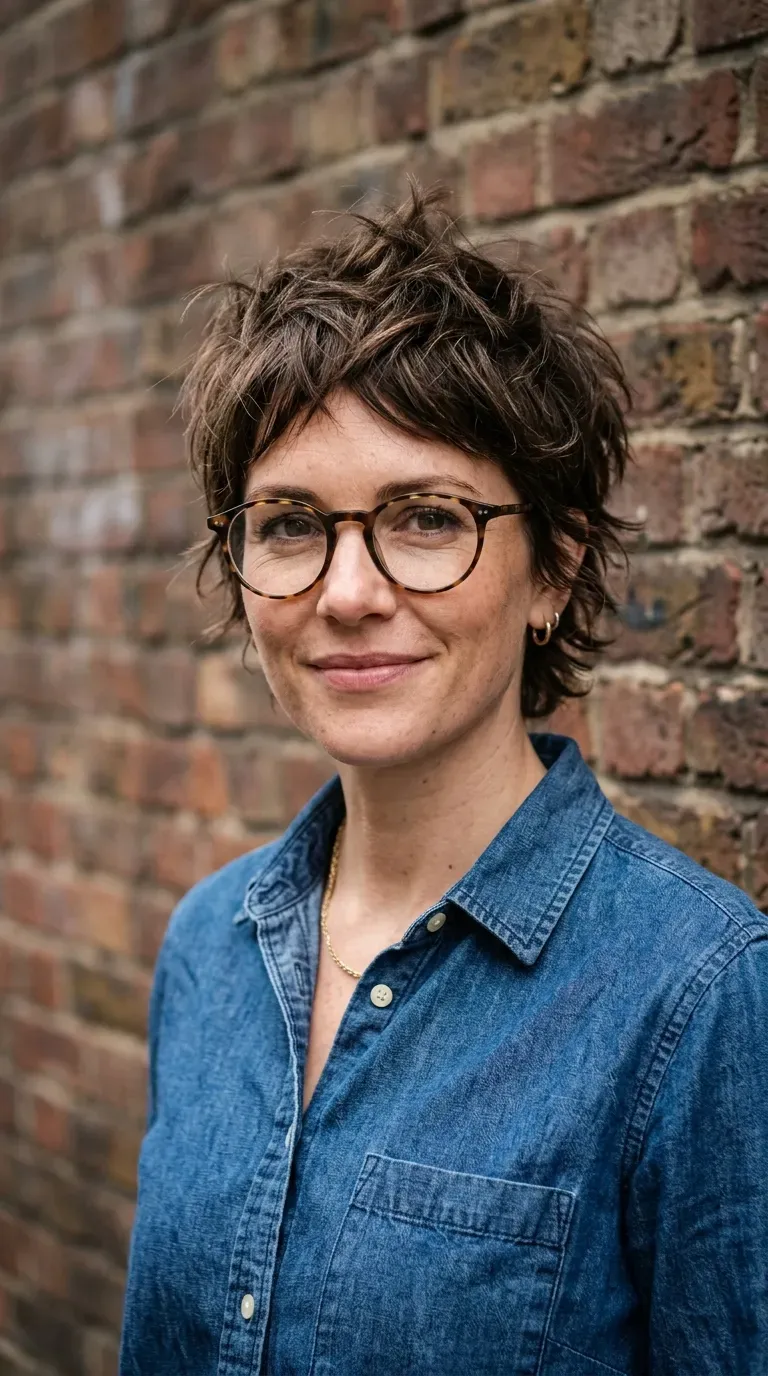 Woman with an especially textured messy crop featuring piecey layers