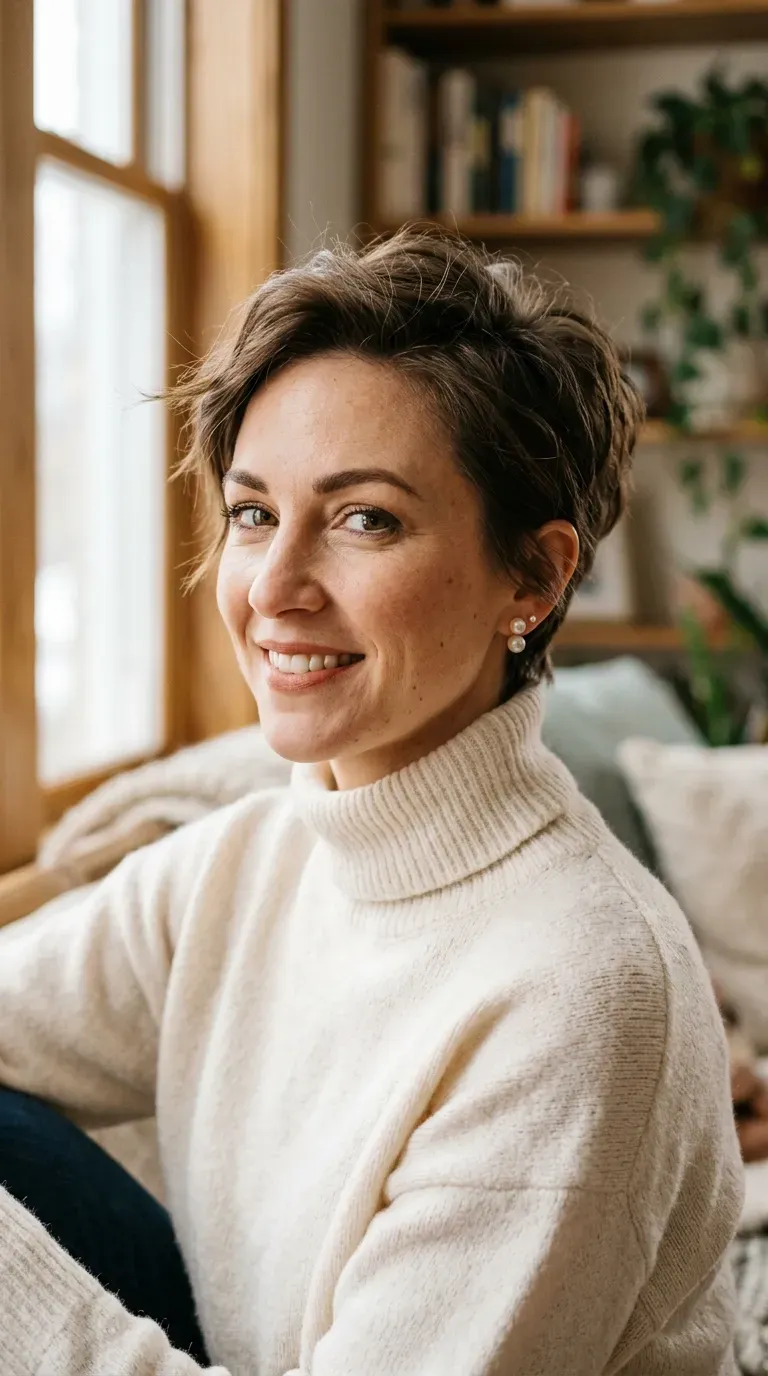Woman with a textured pixie cut showing strong lift at the roots