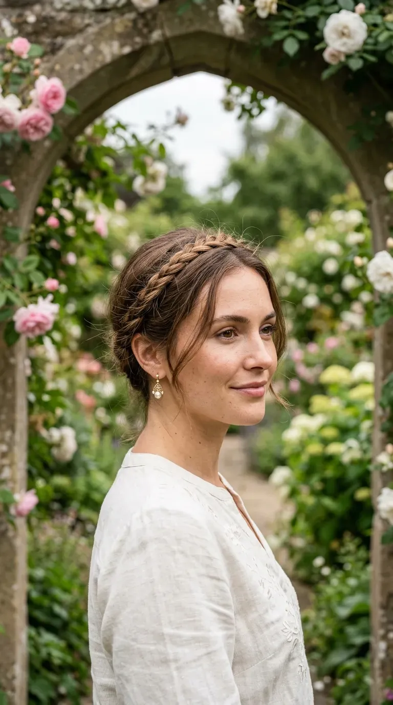 Woman with a delicate thin braid wrapped around the crown of her head