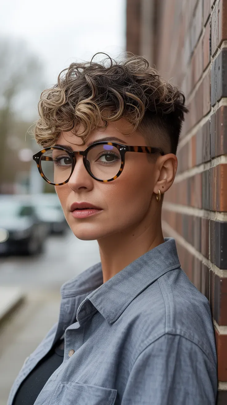 Woman with a tousled curly pixie cut and matte texturized finish