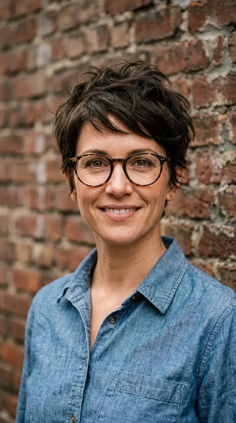 Woman with a tousled textured pixie cut and matte finish