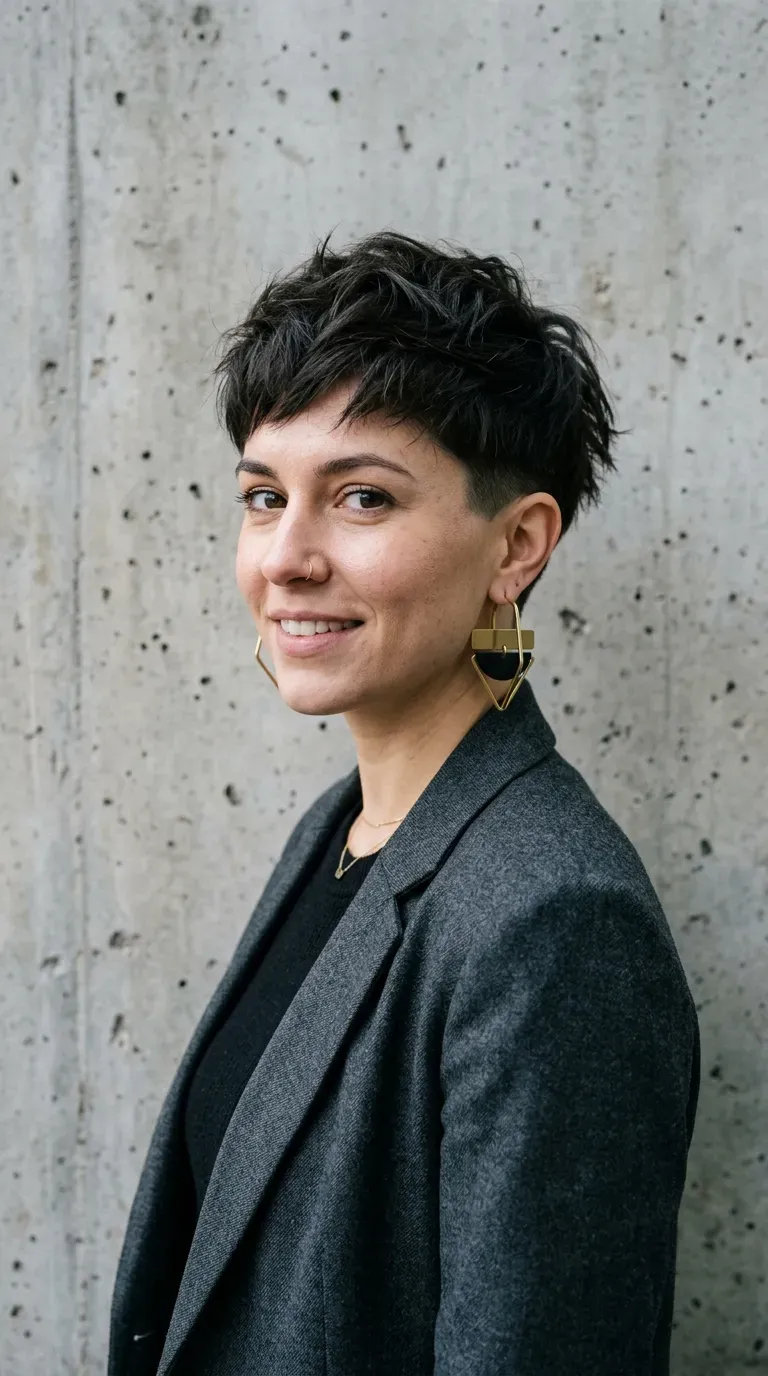 Woman with a textured crop haircut featuring a subtle undercut at the nape