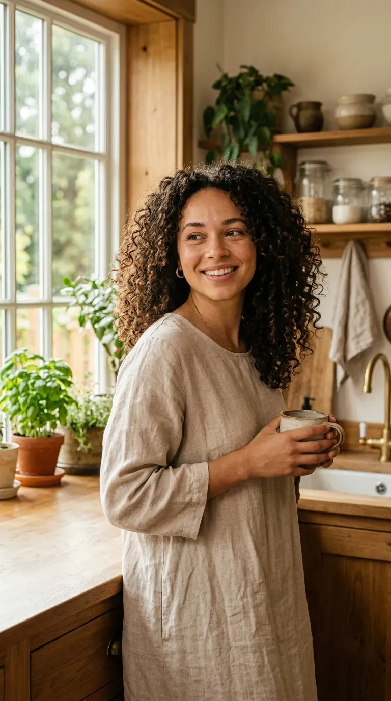 Woman with natural soft curls styled in an easy wash-and-go look