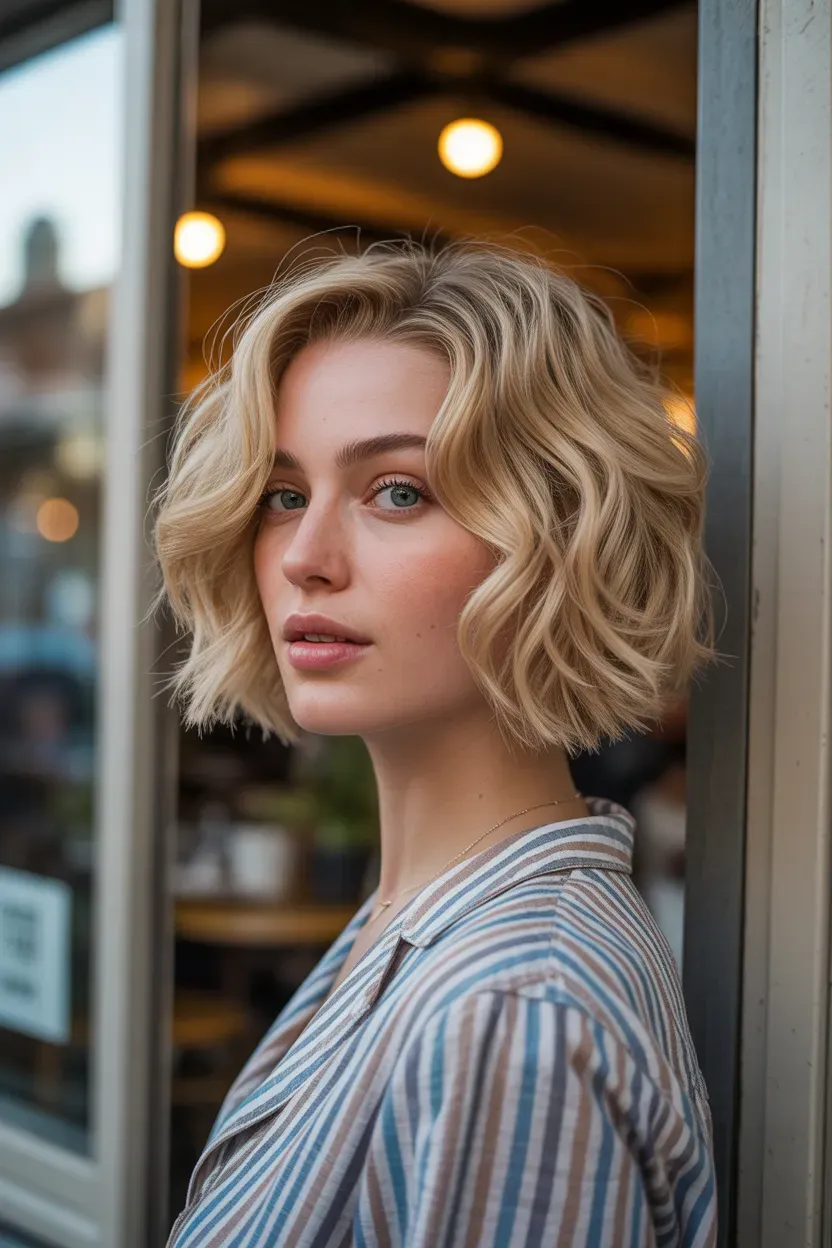 Woman with a blonde choppy bob styled with soft natural waves