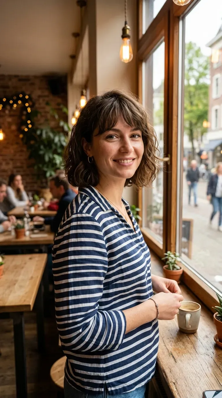 Woman with a wavy chin-length bob and soft bangs styled with natural texture