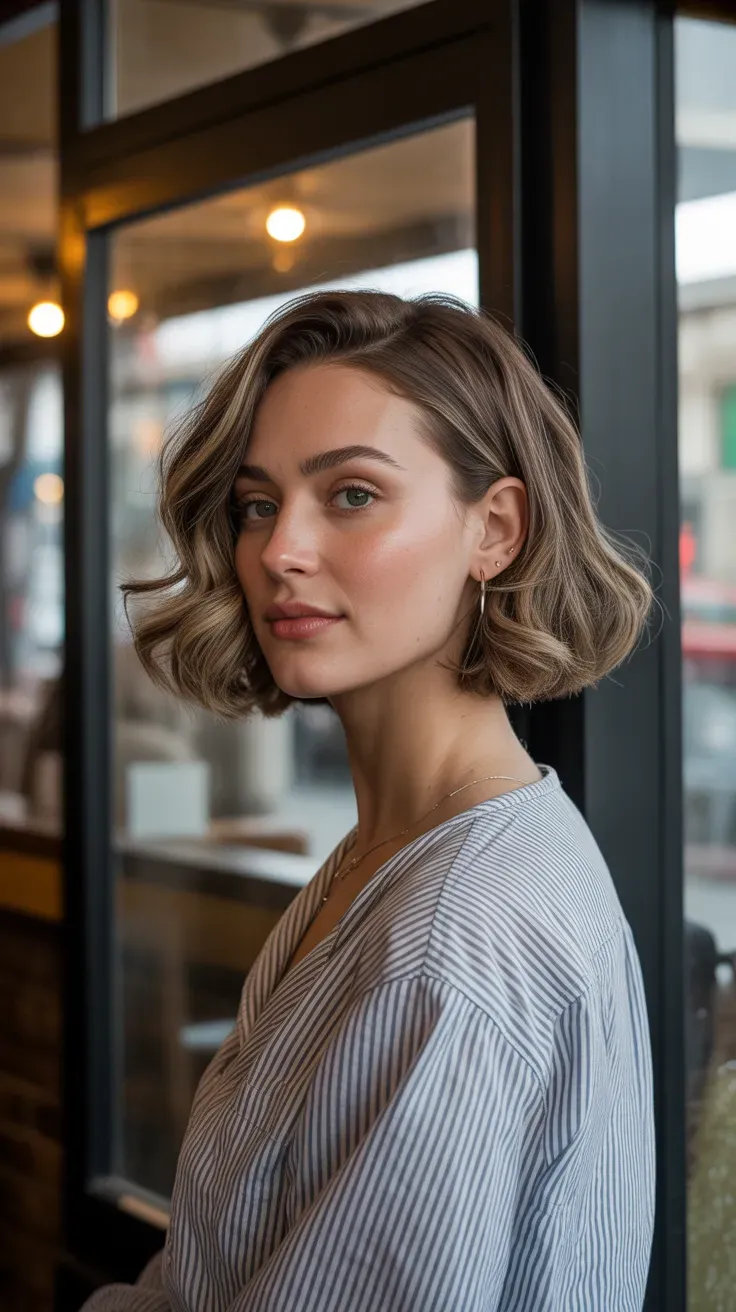 Woman with a chin-length bob styled with soft natural waves