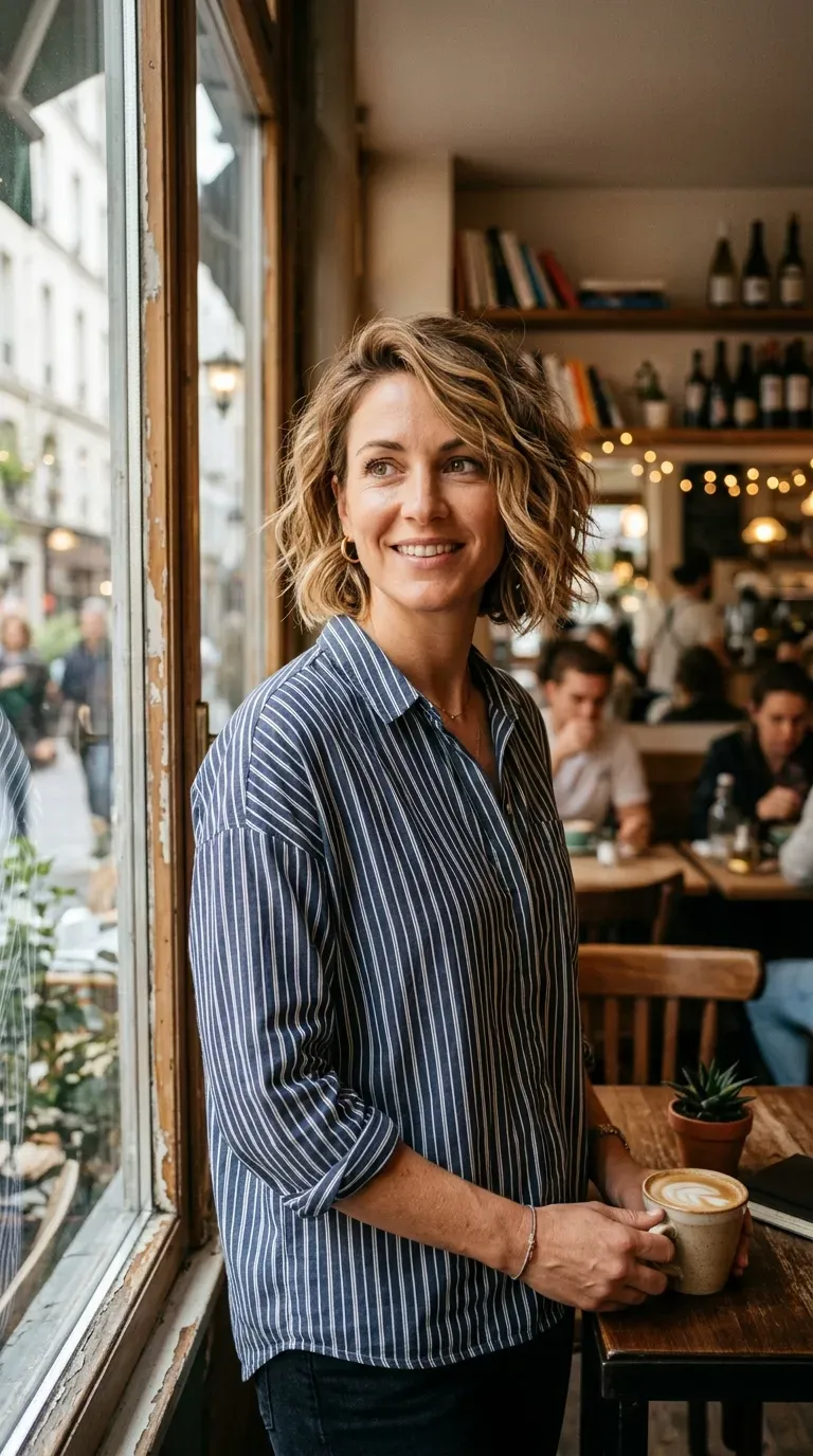 Woman with a choppy inverted bob styled with soft natural waves