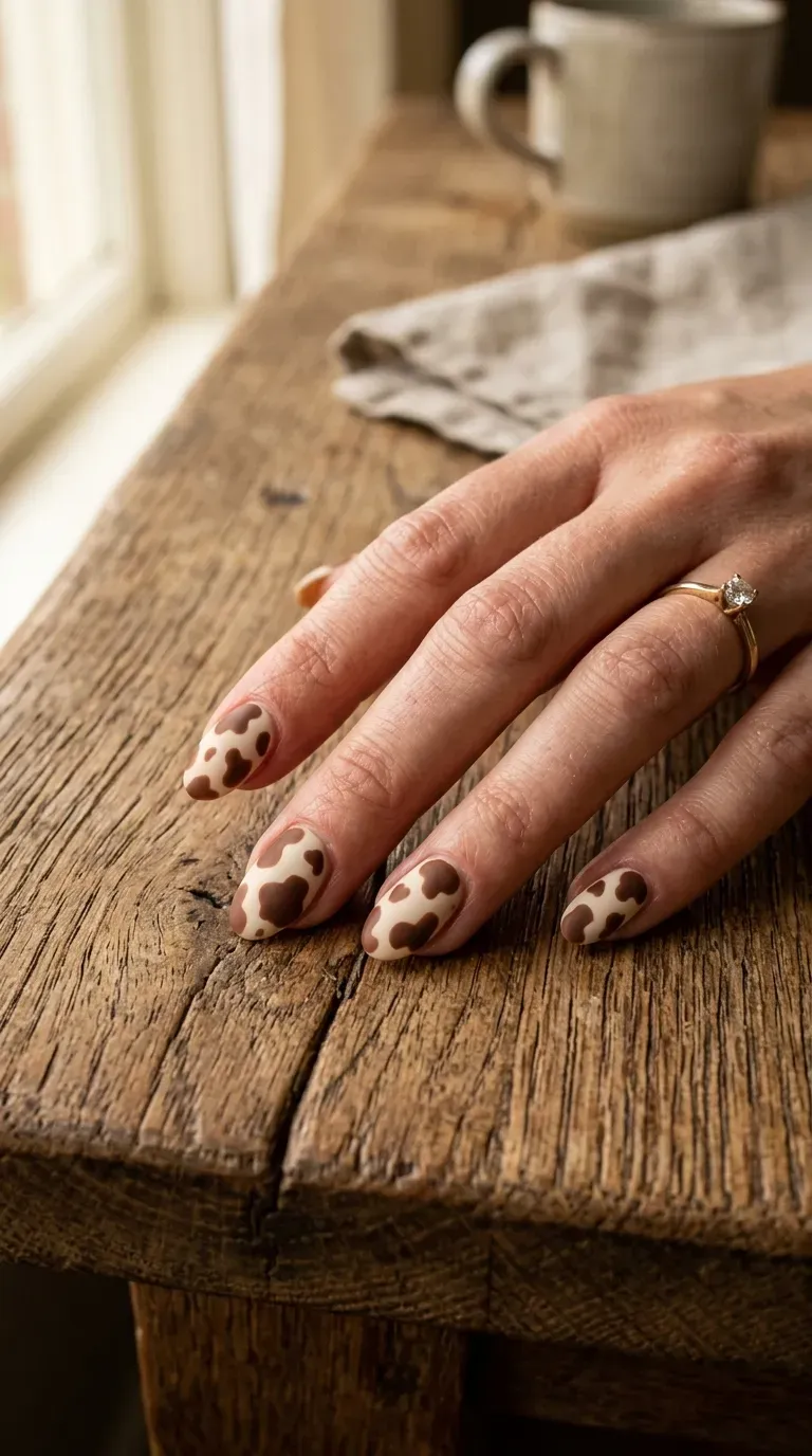Close-up of manicured hand with brown and white cow print nail design