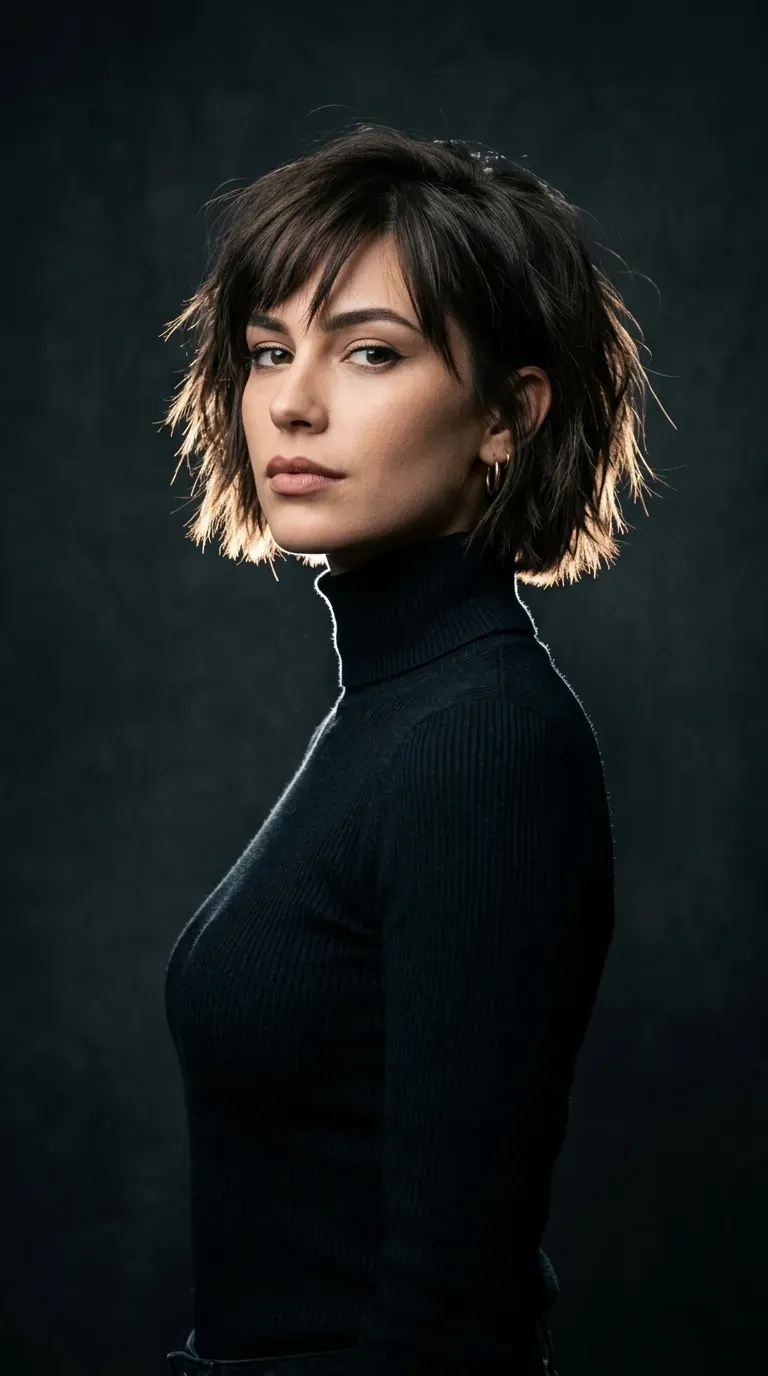 Woman with a choppy bob featuring subtly asymmetric bangs that sweep unevenly