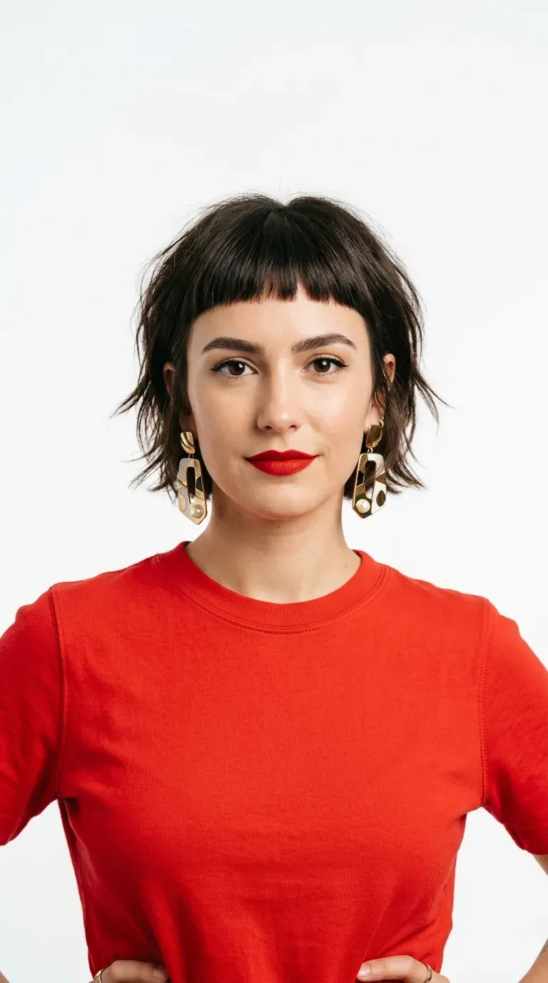 Woman with a choppy bob and short baby bangs above the eyebrows