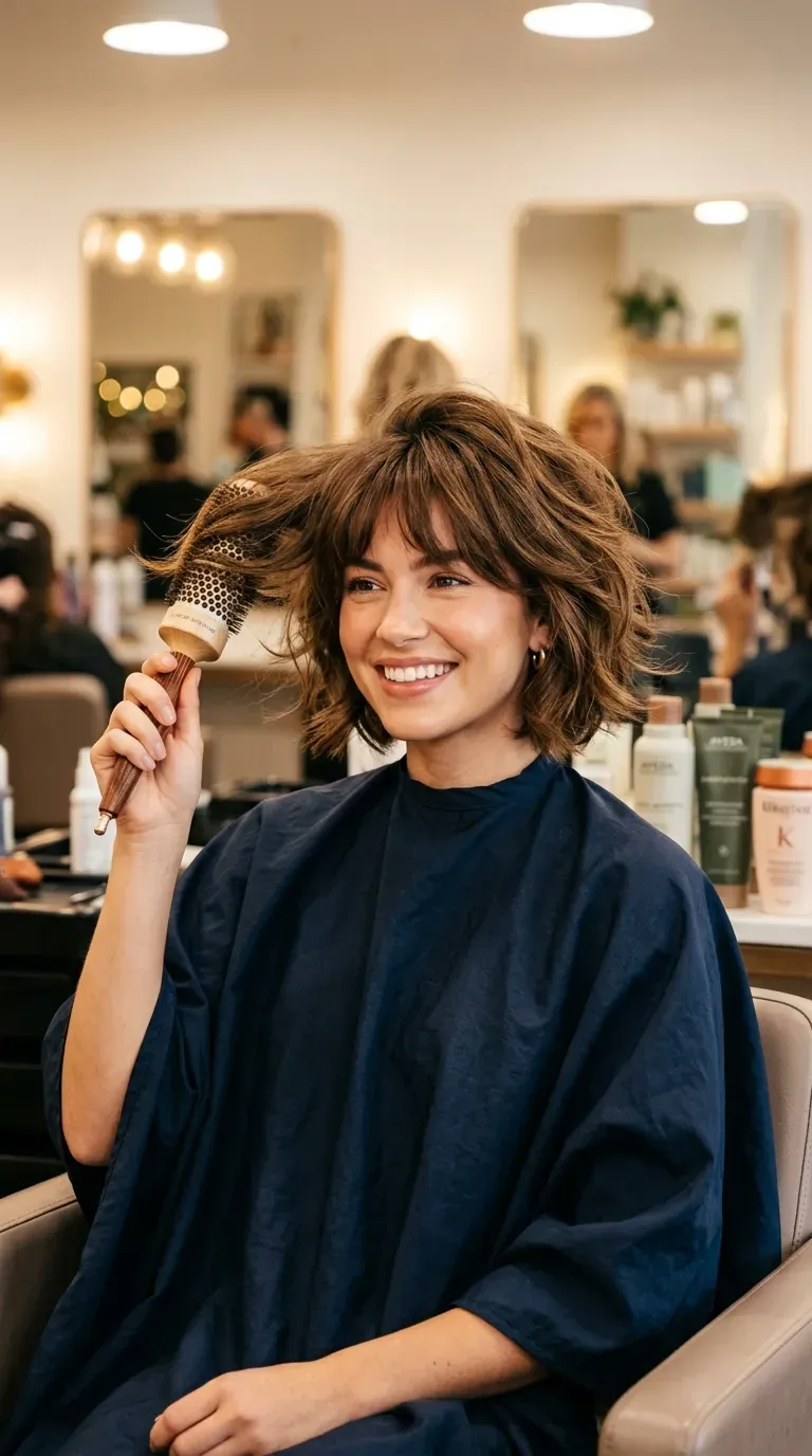 Woman with a choppy bob styled into a full voluminous glossy blowout with bangs