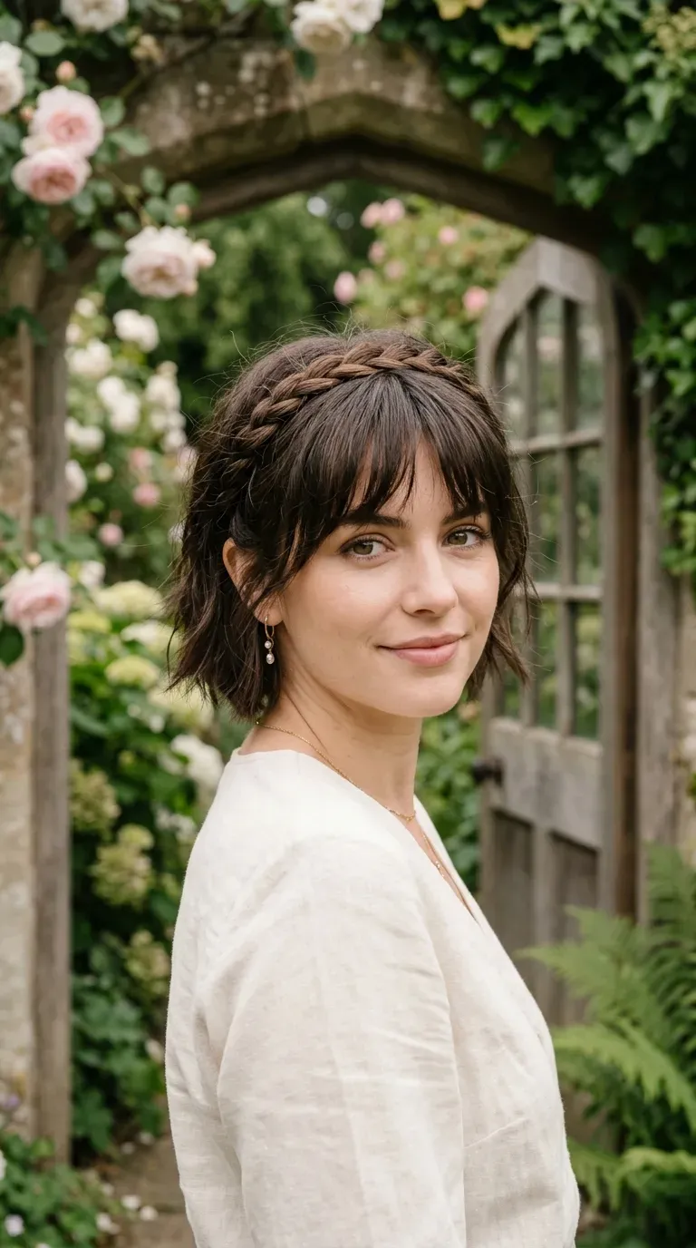 Woman with a choppy bob featuring a delicate thin braid wrapped around the crown alongside bangs