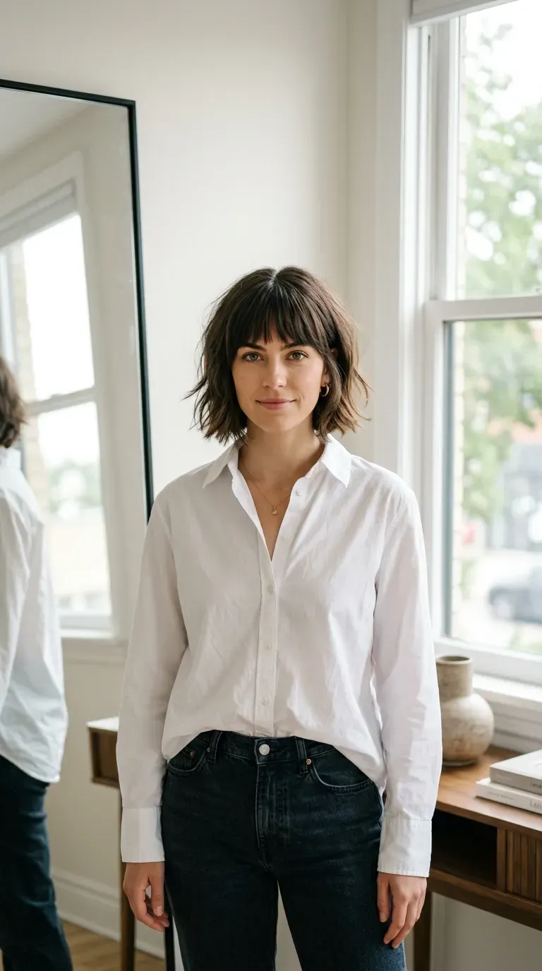 Woman with a choppy bob and bangs styled with a symmetrical center part