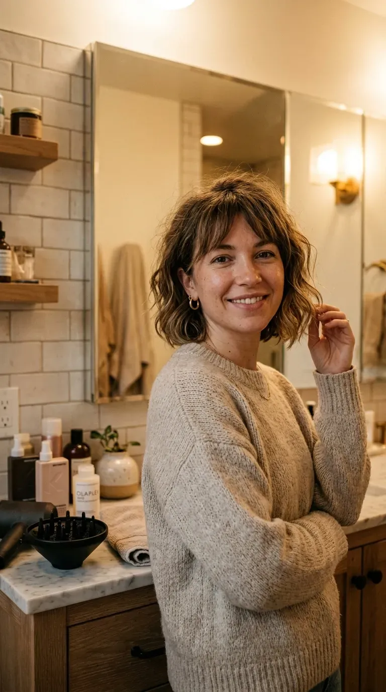 Woman with a choppy bob styled using a diffuser for soft natural waves and bangs