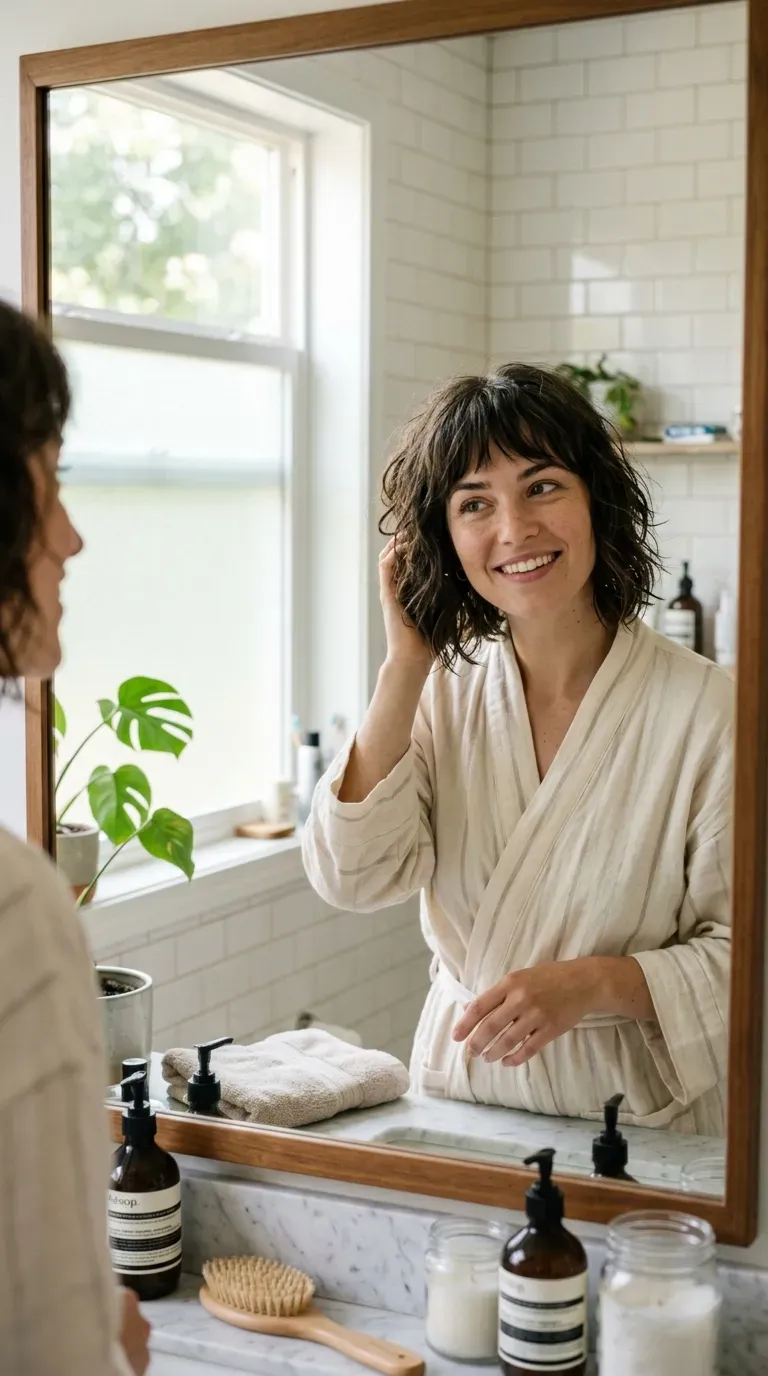 Woman with a choppy bob and bangs left to air-dry for an easy relaxed finish