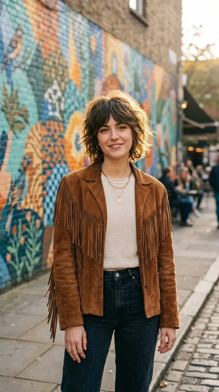 Woman with a choppy bob and feathered layered bangs blending into the sides
