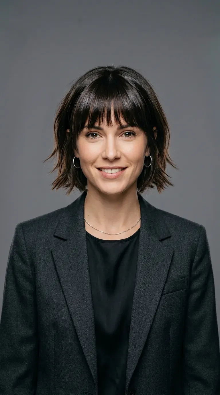 Woman with a choppy bob and bangs styled with a smooth glossy finish
