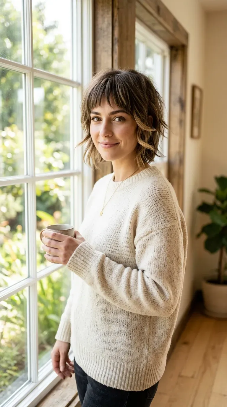 Woman with a choppy bob featuring bangs cut in multiple layered lengths