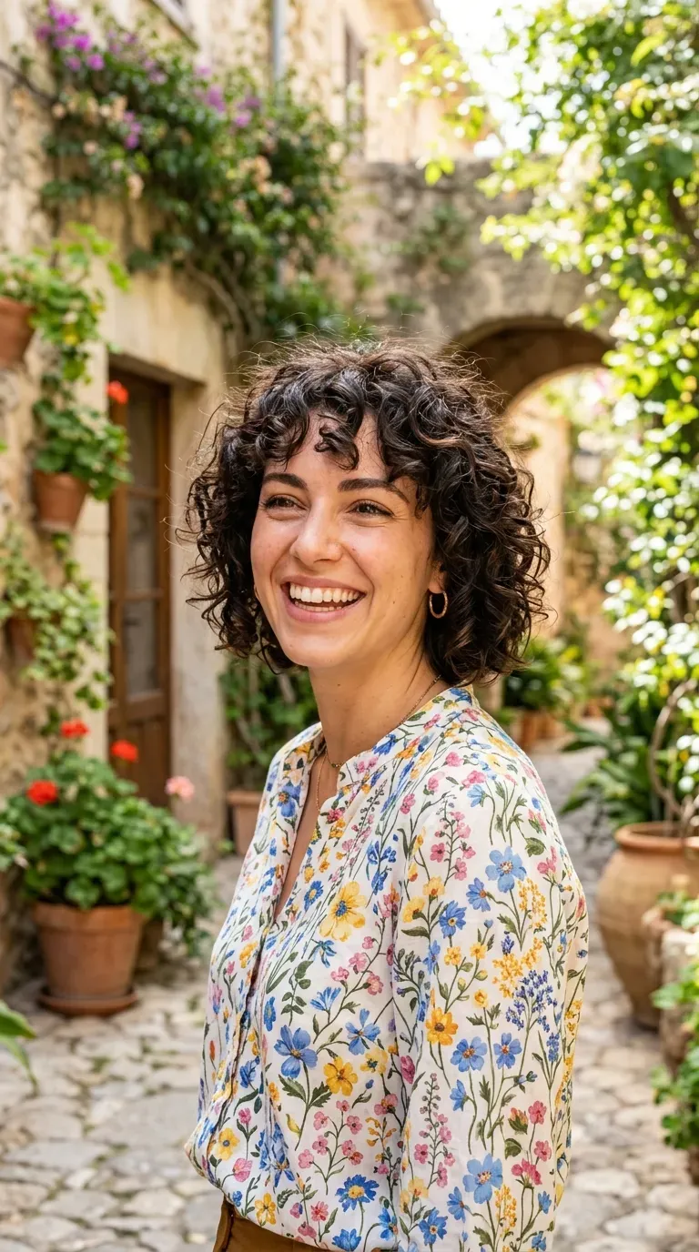 Woman with a choppy bob showing natural curly texture and soft curly bangs