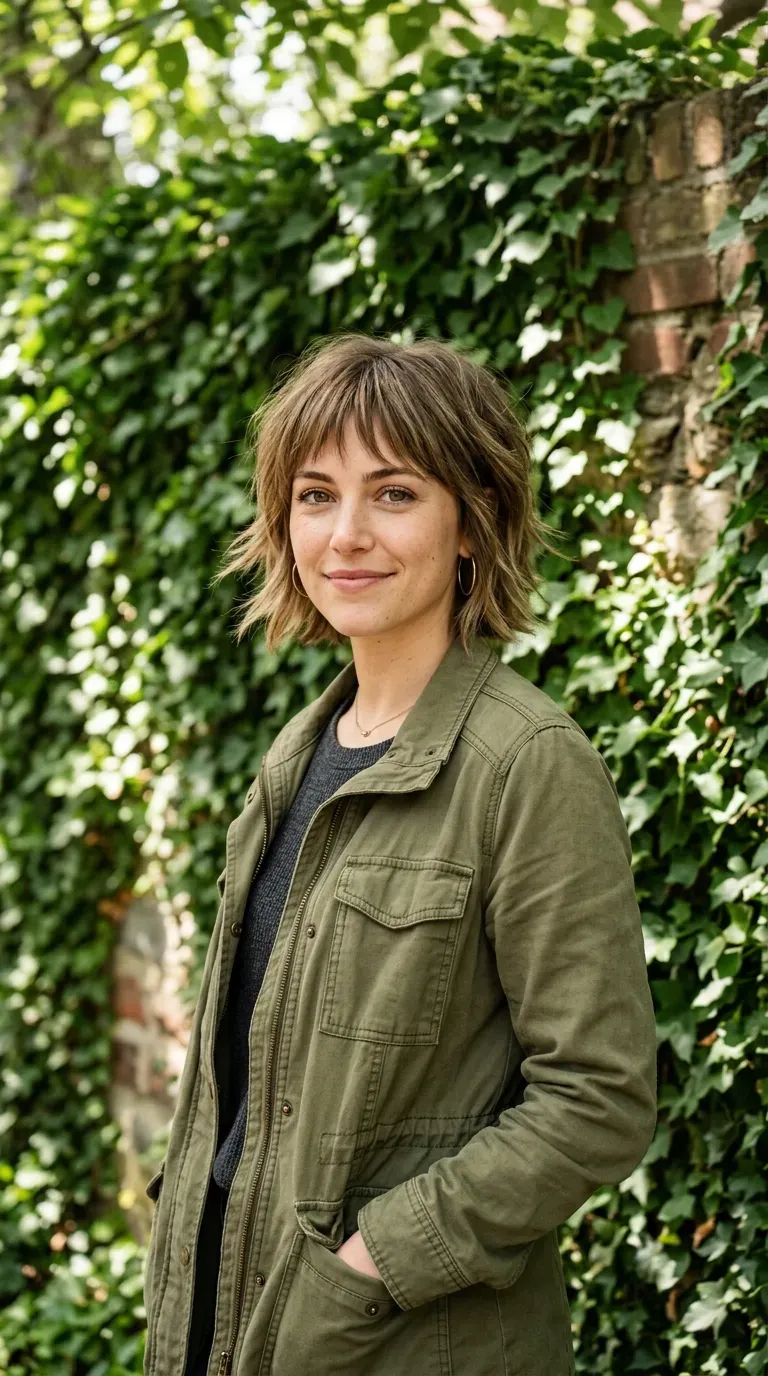 Woman with a choppy bob featuring soft razor-cut bangs for added texture