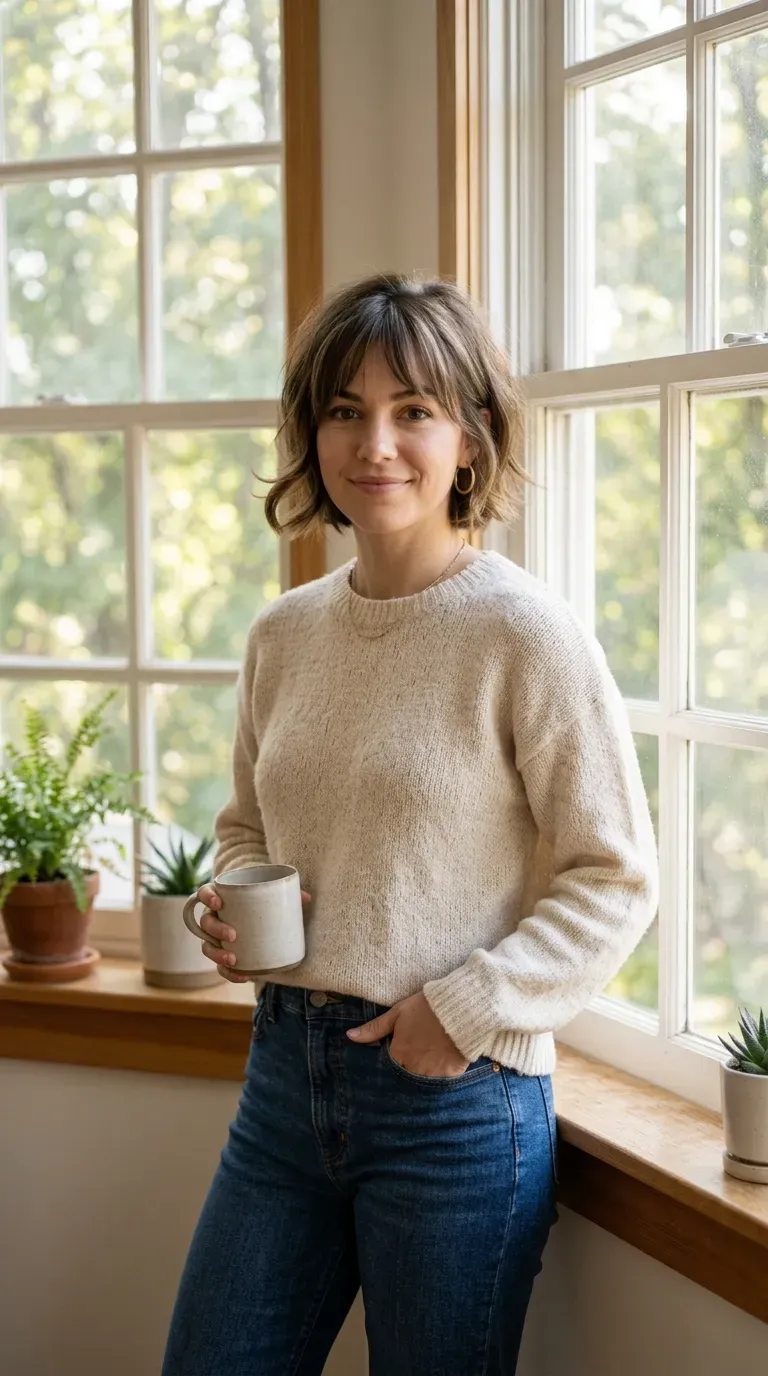 Woman with a choppy bob featuring soft face-framing bangs at the front