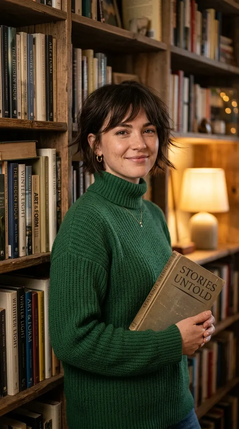 Woman with a choppy bob and soft swoopy side-swept bangs framing the forehead