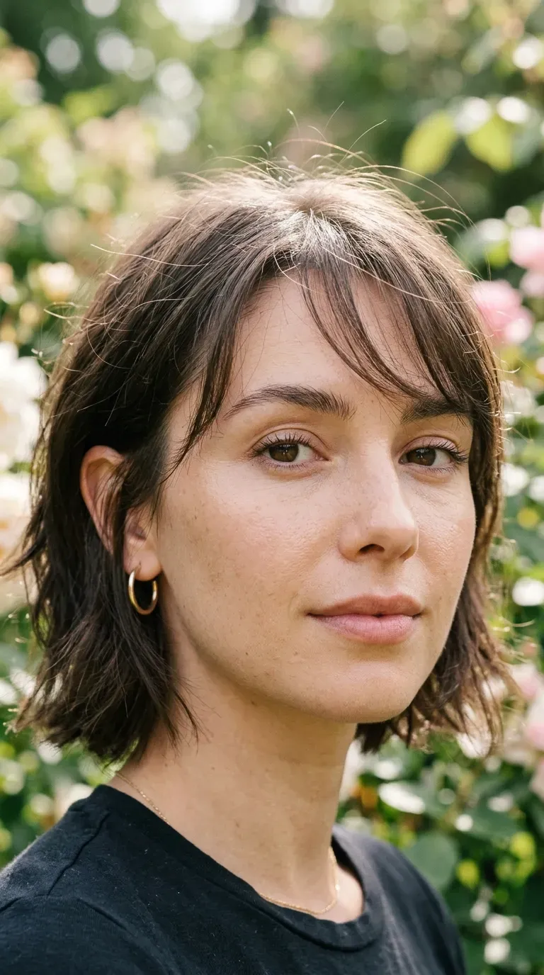 Close-up of woman with a choppy bob and ultra-wispy bangs softly framing her forehead