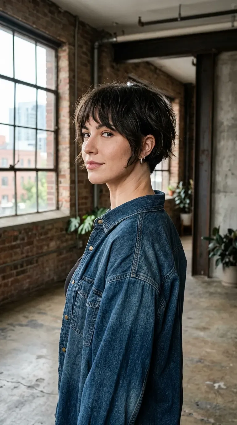 Woman with a choppy bob featuring a subtle undercut at the nape and soft bangs