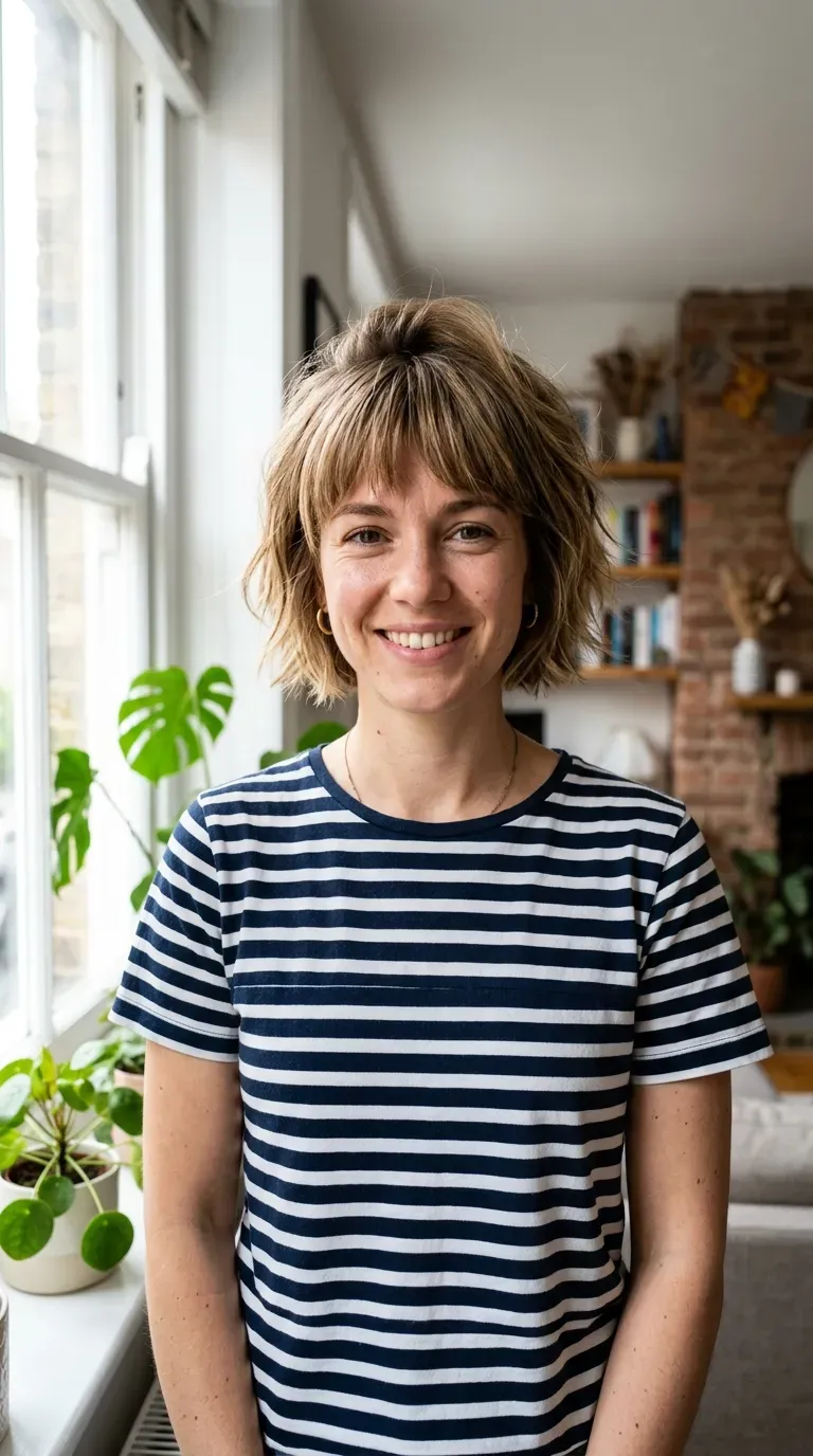 Woman with a choppy bob showing visible lift and volume at the bang roots