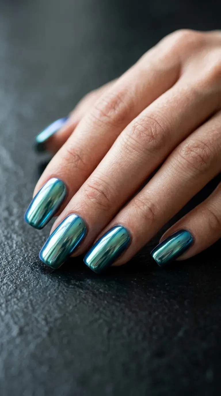 Close-up of manicured hand with chrome finish nails in blue-green mermaid tones