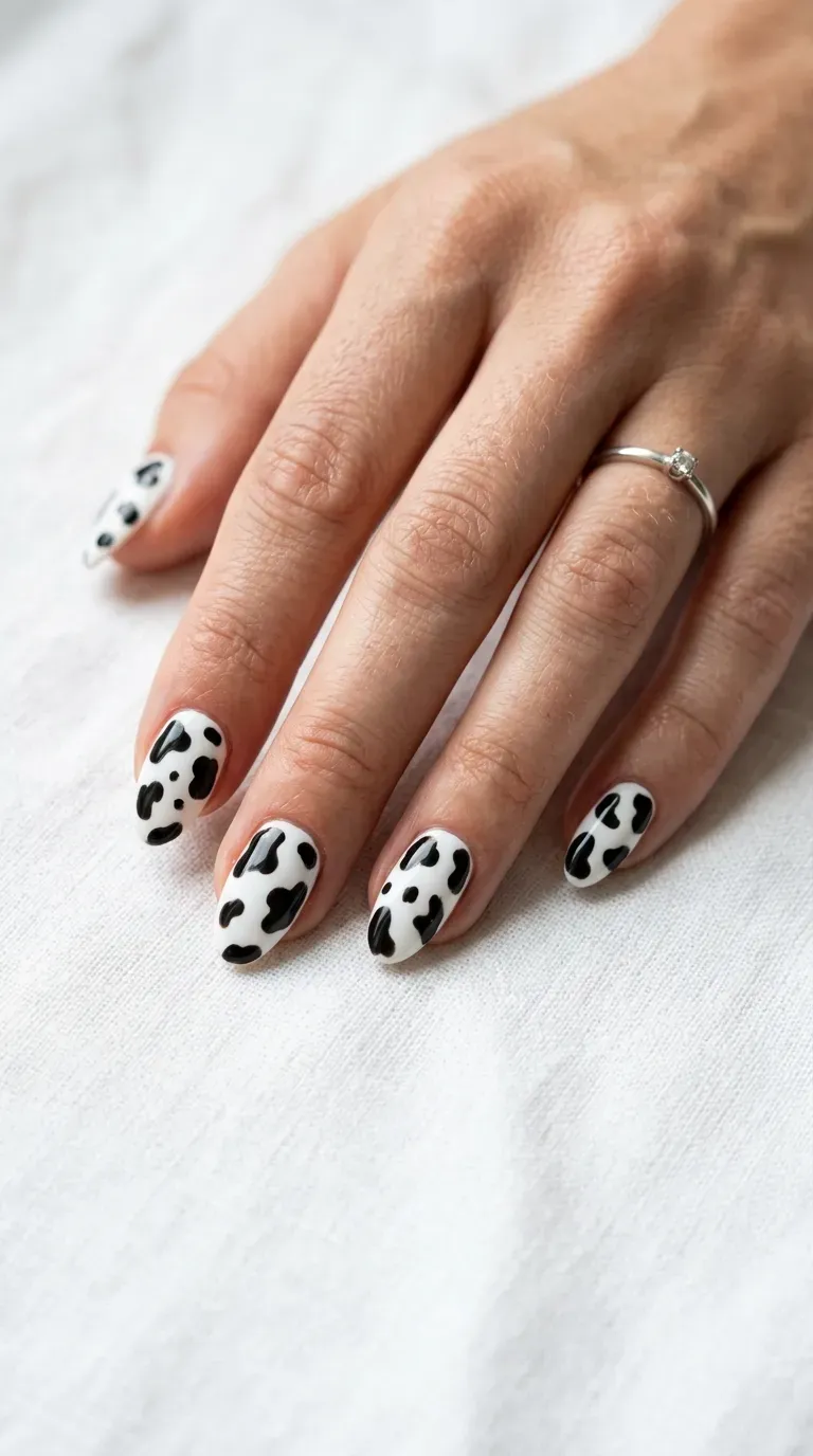 Close-up of manicured hand with classic black and white cow print nail design