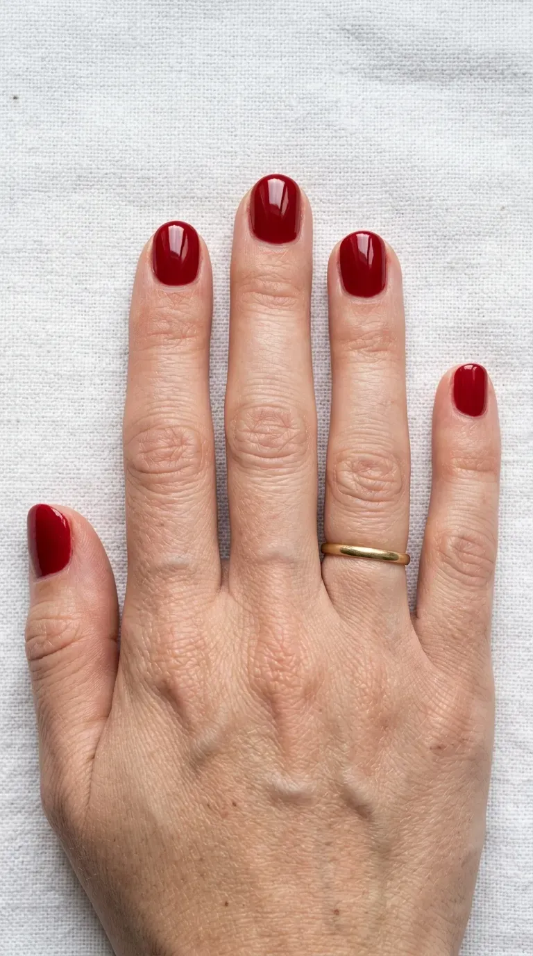 Close-up of manicured hand with classic glossy polish on short round nails