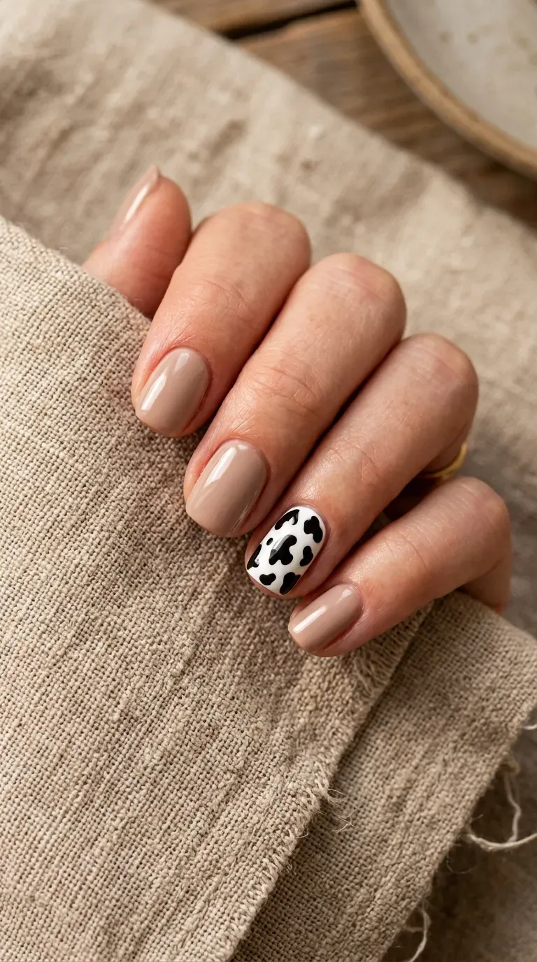 Close-up of manicured hand with a solid base color and one cow print accent nail