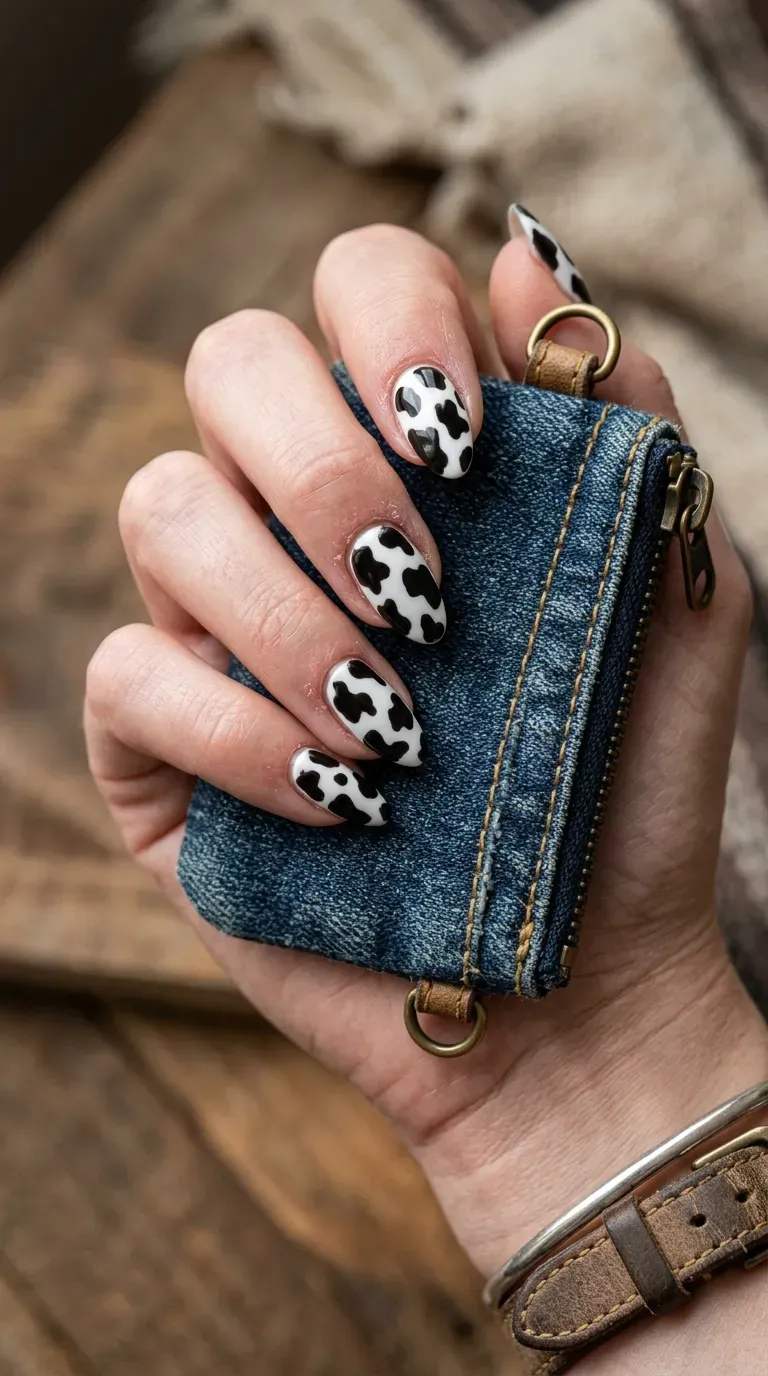 Close-up of manicured hand with cow print pattern on almond-shaped nails