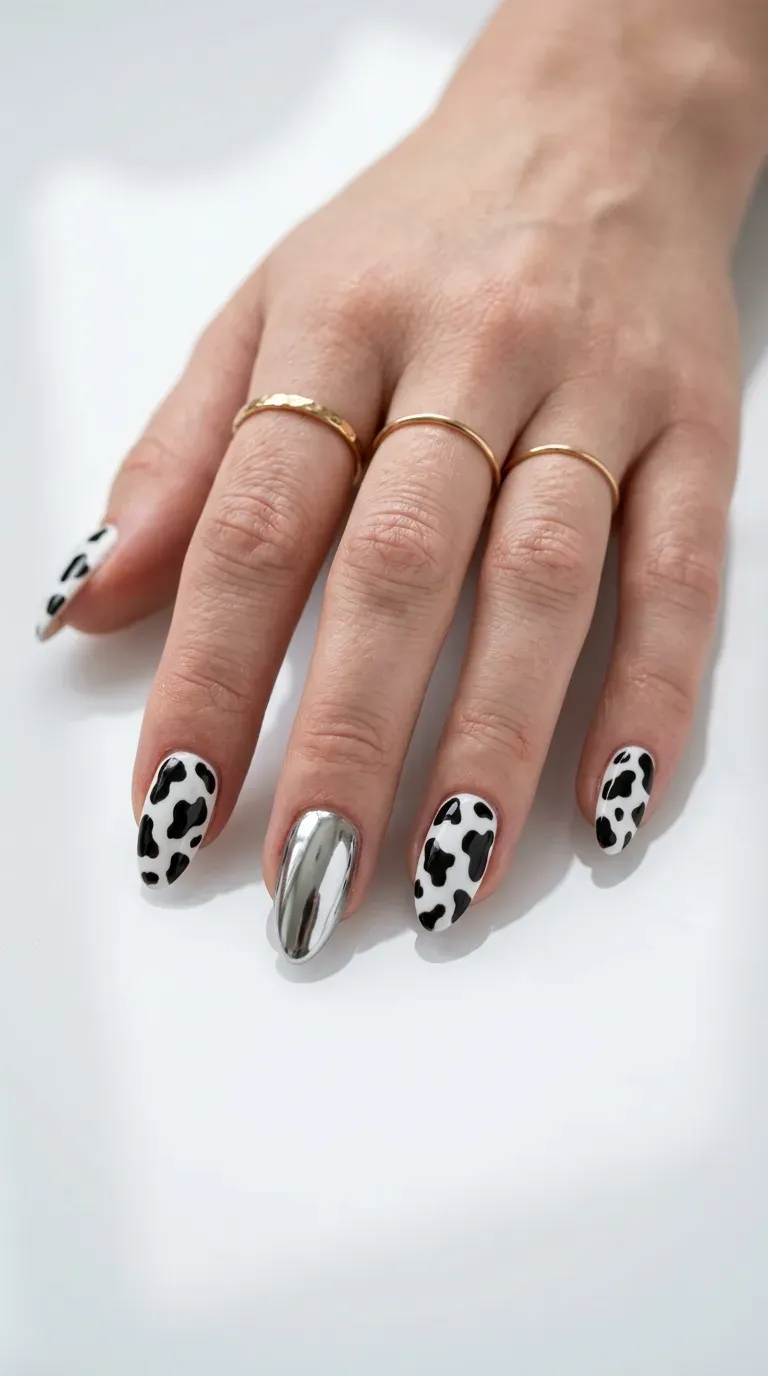 Close-up of manicured hand with cow print nails featuring one chrome finish accent nail