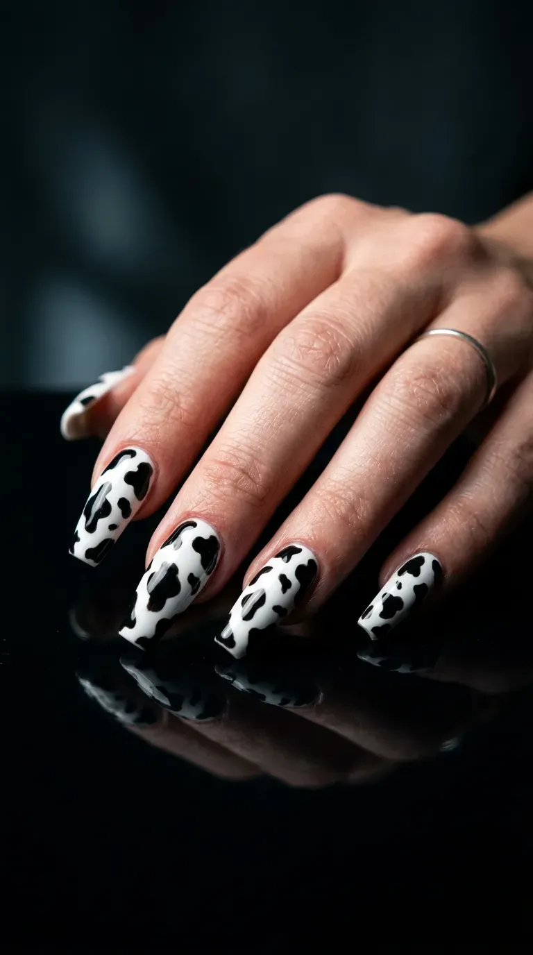 Close-up of manicured hand with cow print pattern on coffin-shaped nails