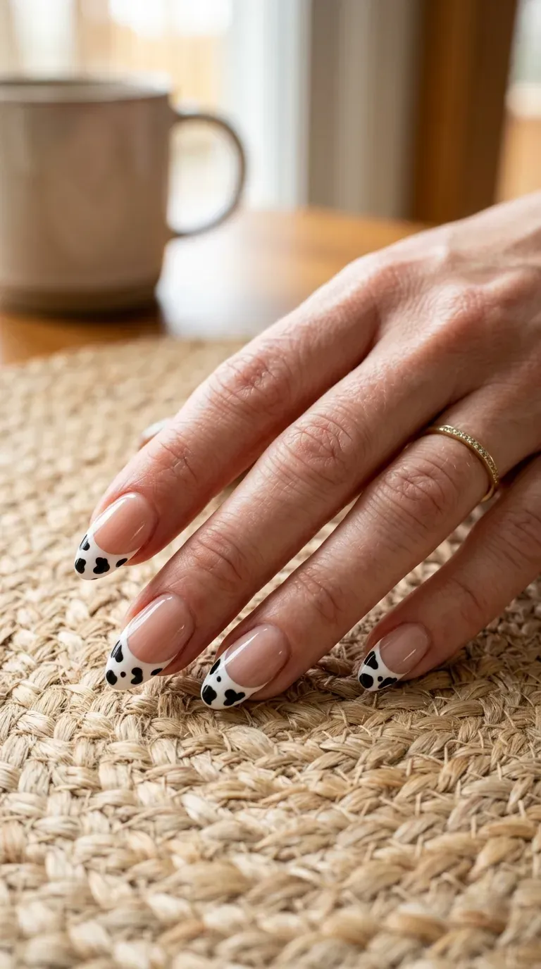 Close-up of manicured hand with French tip nails featuring cow print detailing at the tip