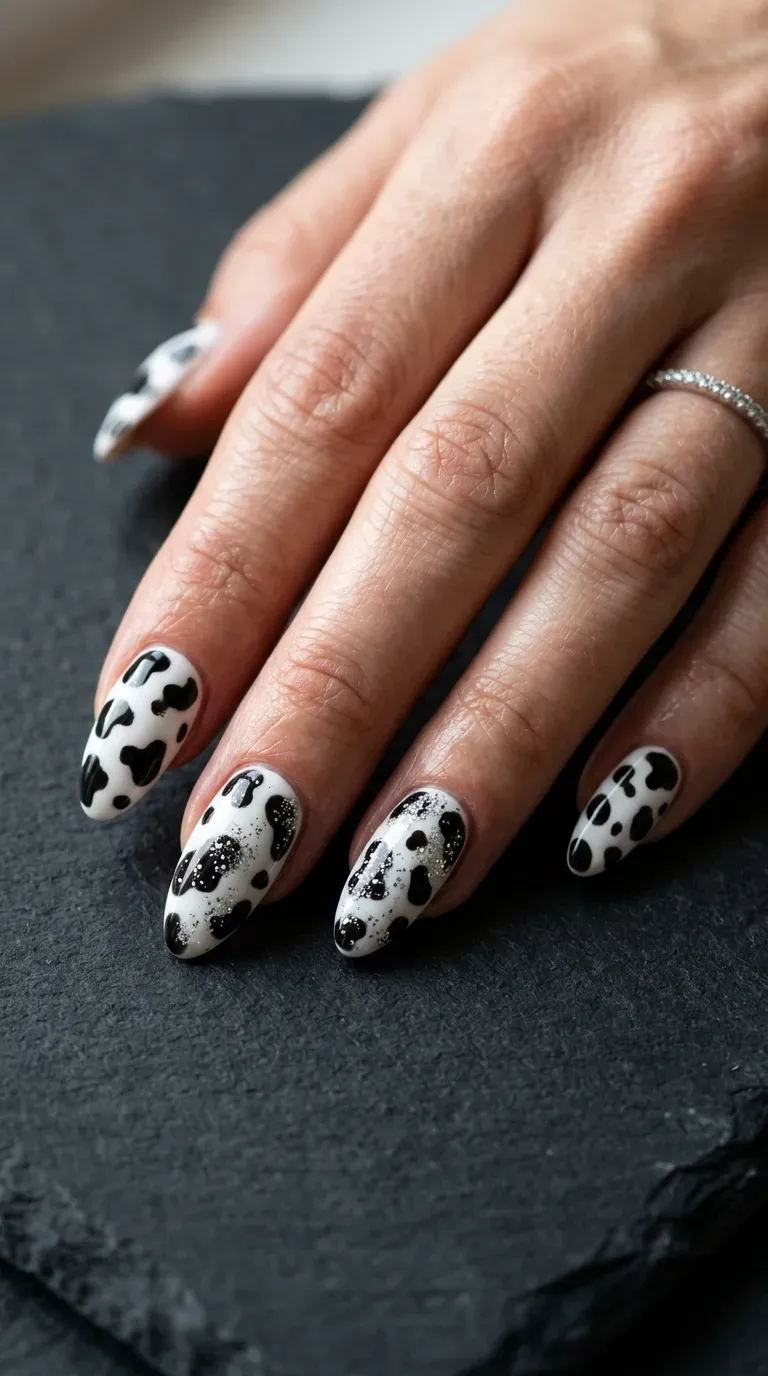 Close-up of manicured hand with cow print nails featuring fine glitter accents