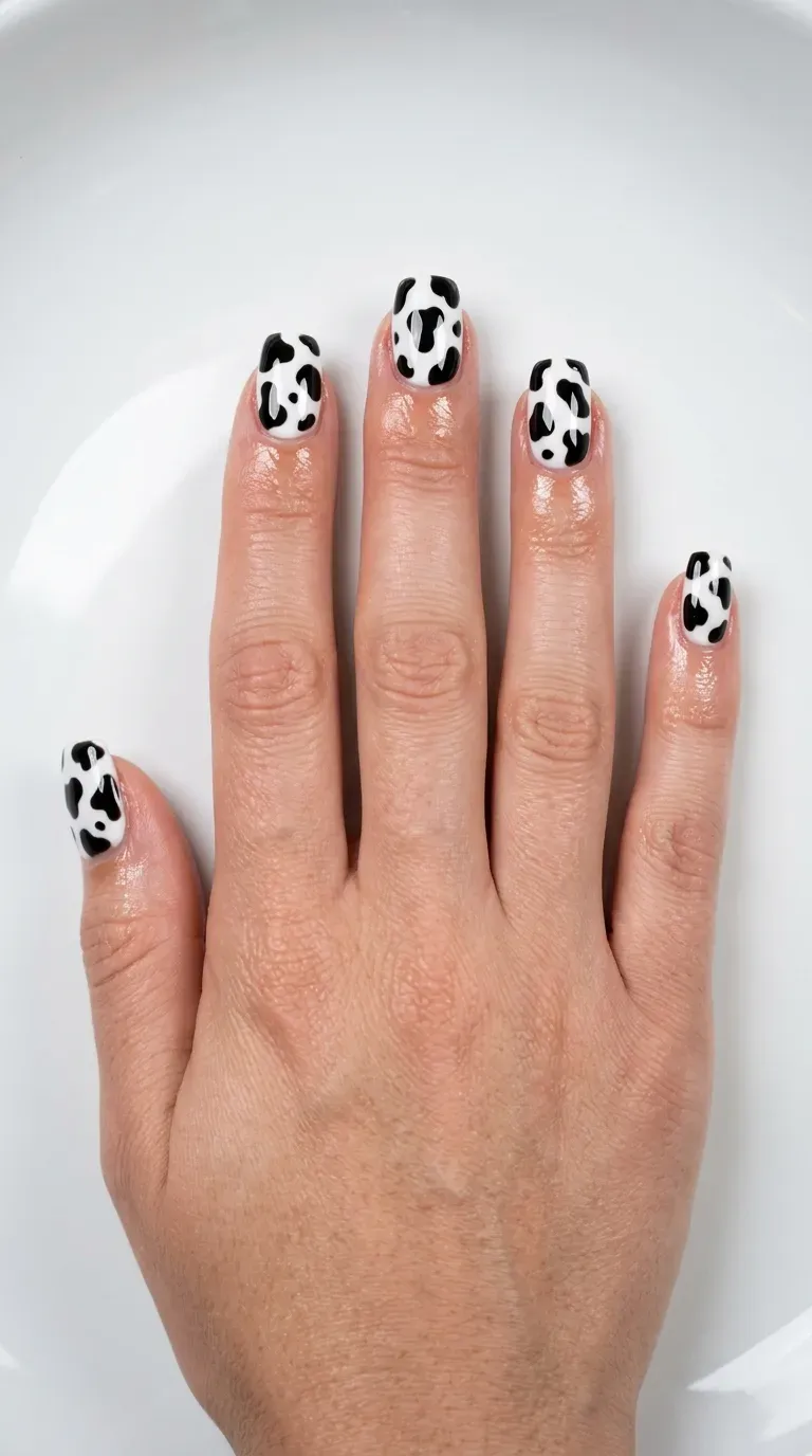 Close-up of manicured hand with cow print nails featuring a high-shine glossy finish