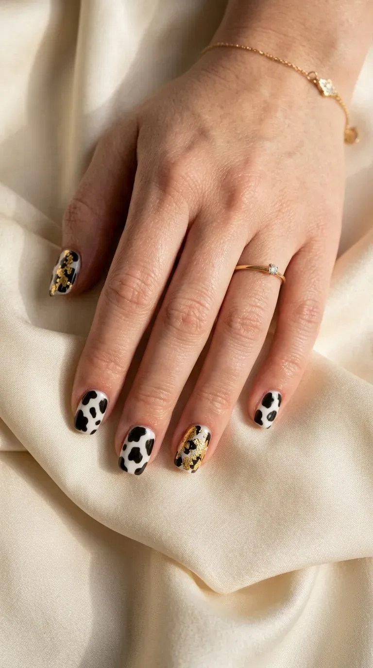 Close-up of manicured hand with cow print nails featuring delicate gold foil accents