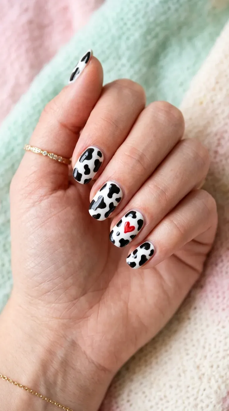 Close-up of manicured hand with cow print nails featuring small heart-shaped accents