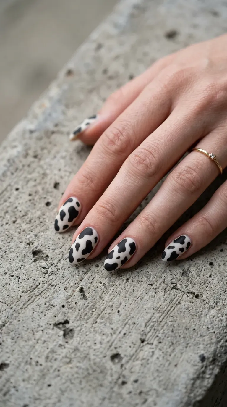 Close-up of manicured hand with cow print nails featuring a matte finish