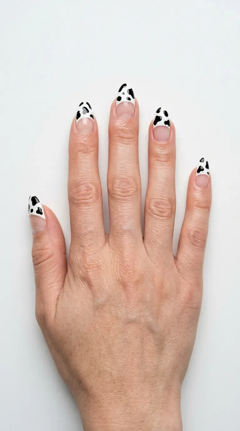 Close-up of manicured hand with cow print nails featuring negative space design elements