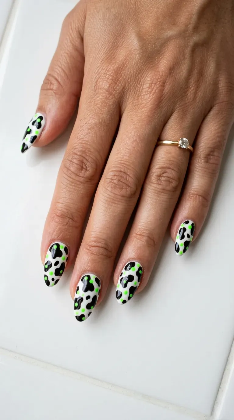 Close-up of manicured hand with cow print nails featuring bright neon accent details