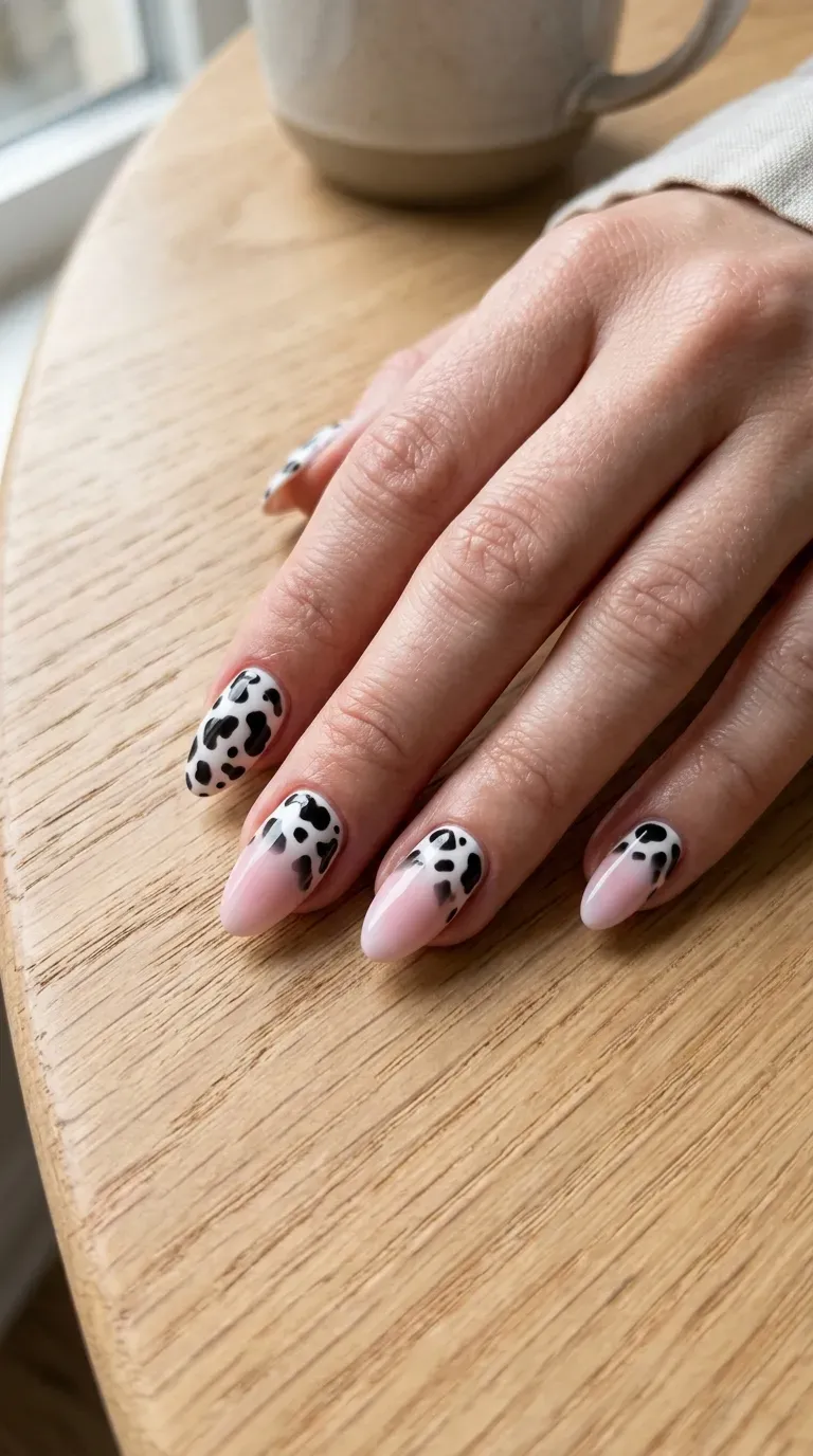Close-up of manicured hand with cow print nails fading into a color gradient toward the tip