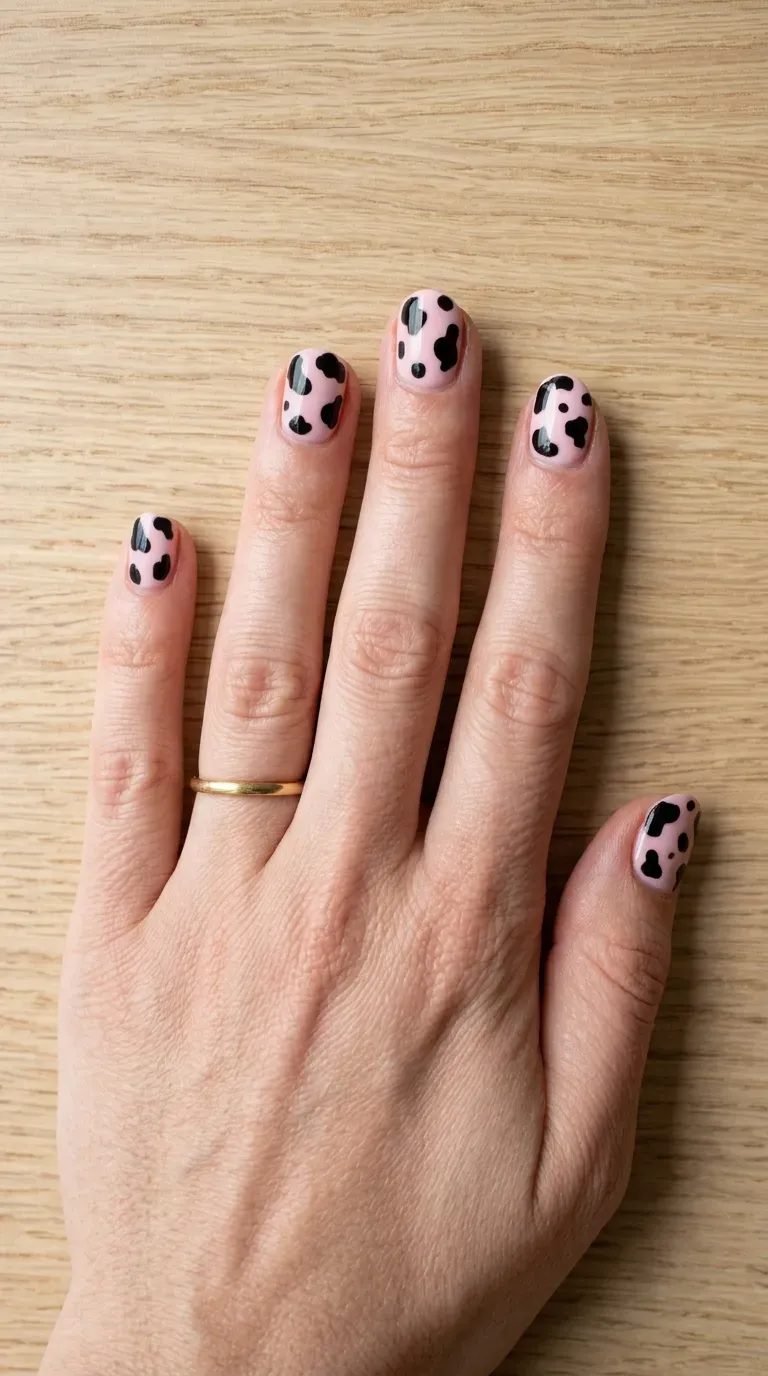 Close-up of manicured hand with cow print nails painted over a soft pastel base color