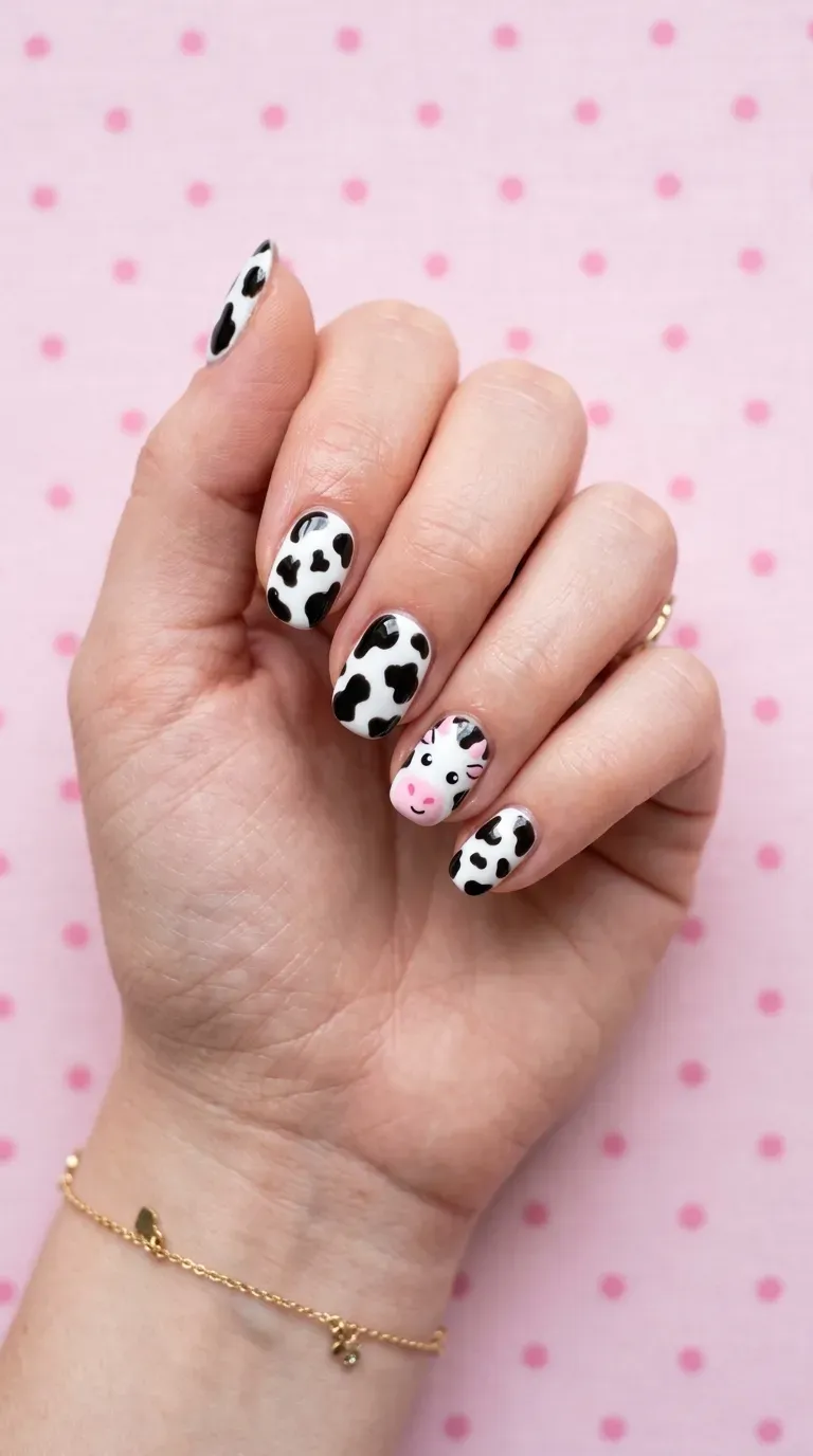 Close-up of manicured hand with cow print nails featuring pink accent details